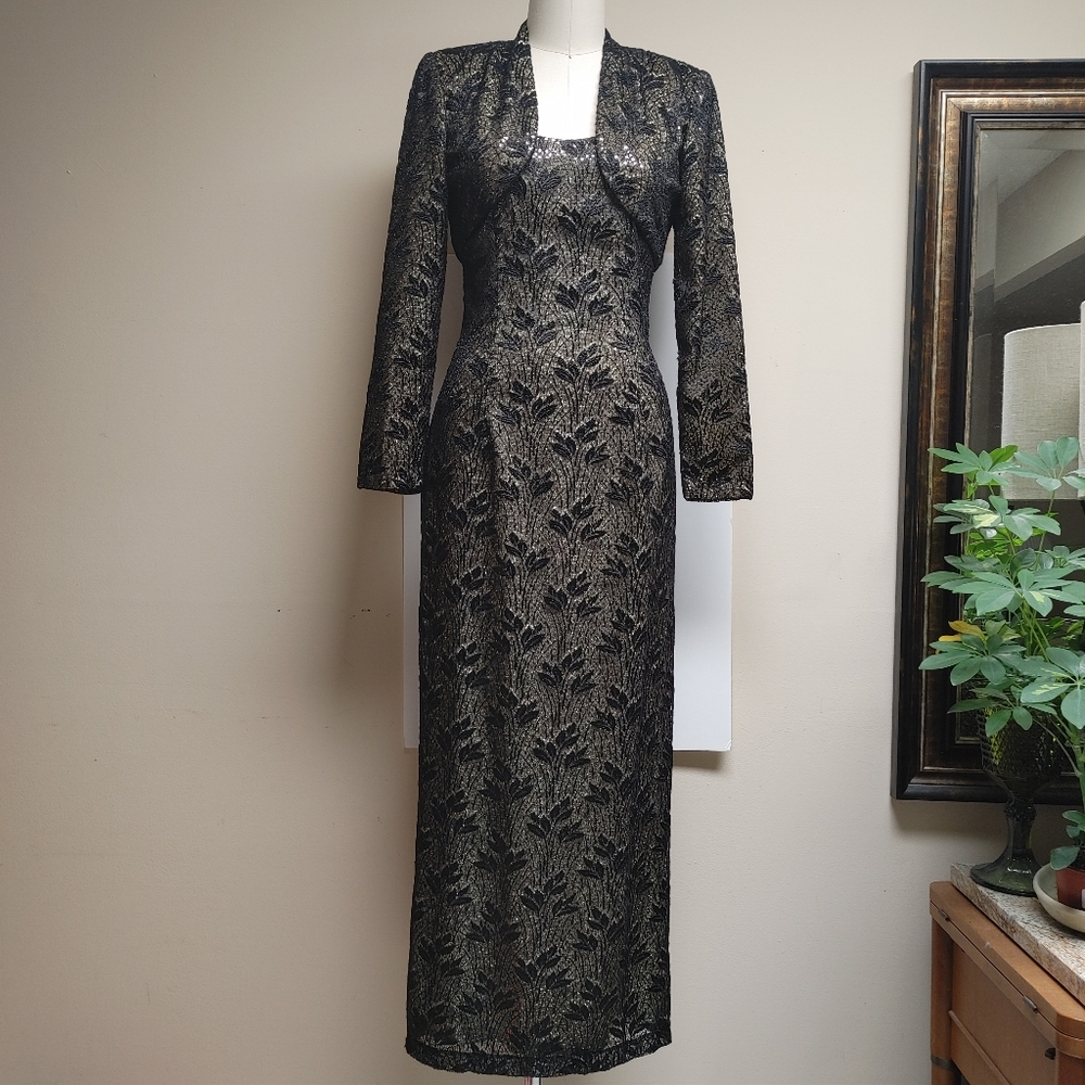 Bari Jay Black Lace with Gold Lame Underlay Evening Dress & Bolero sz 4/6